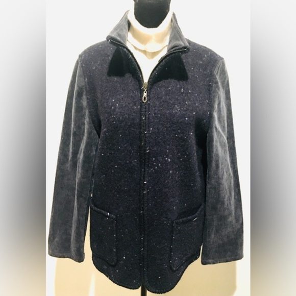 GIESSWEIN Navy Blue Boiled Wool Jacket w/Corduroy Sleeves Women's Sz EU 36 US 6 - Picture 1 of 8